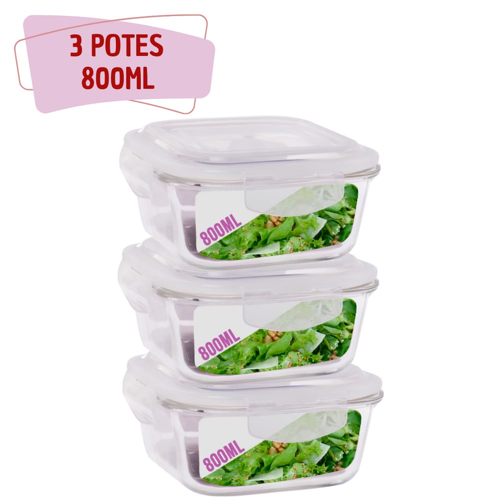 3 Potes Hermetico 800ml Quadrado Vidro Microondas Grande