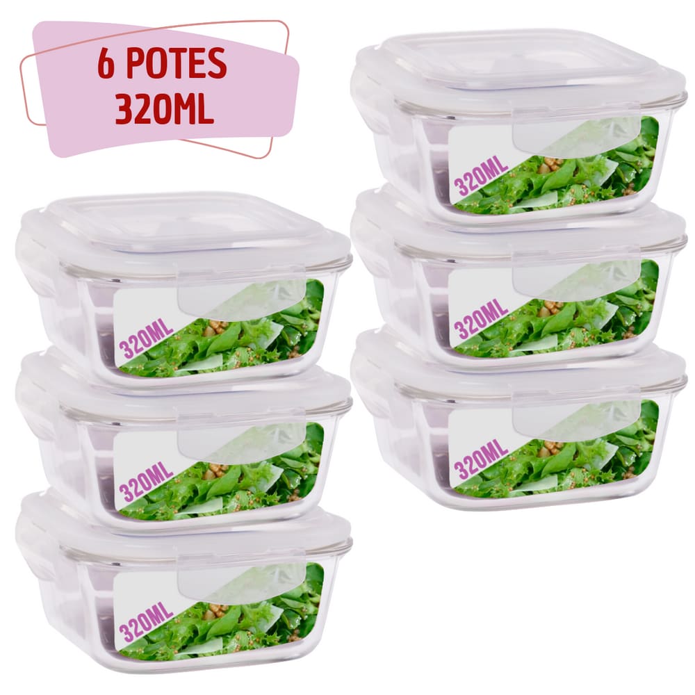 Kit 6 Potes Tampa Hermetica Quadrado de Vidro 320ml Alimento