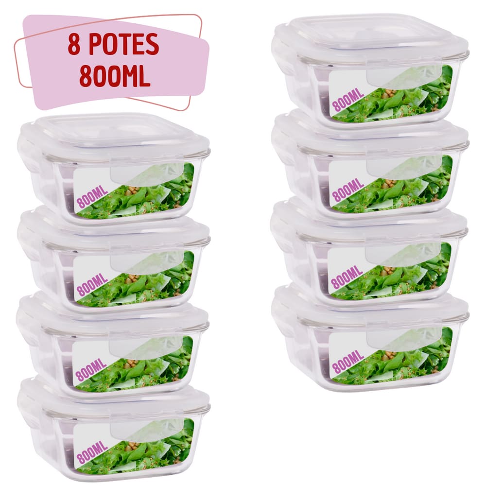 Kit 8 Potes 800ml de Vidro Marmita Tampa Hermetico Não Vaza