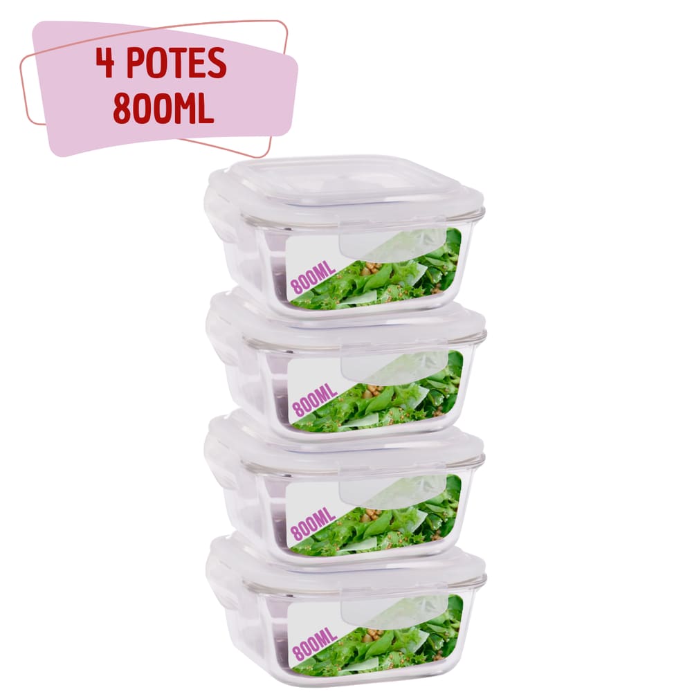 4 Potes Hermetico 800ml Quadrado Vidro Microondas Grande