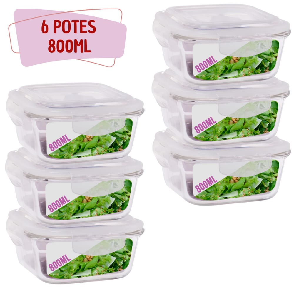 6 Potes Hermetico 800ml Quadrado Vidro Microondas Grande