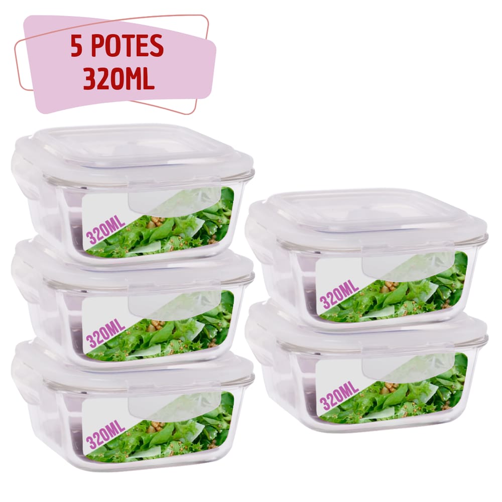 Kit 5 Potes Tampa Hermetica Quadrado de Vidro 320ml Alimento