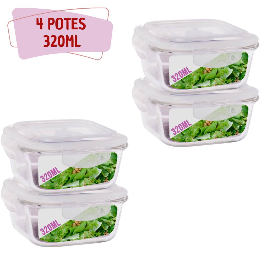 Kit 4 Potes Tampa Hermetica Quadrado de Vidro 320ml Alimento