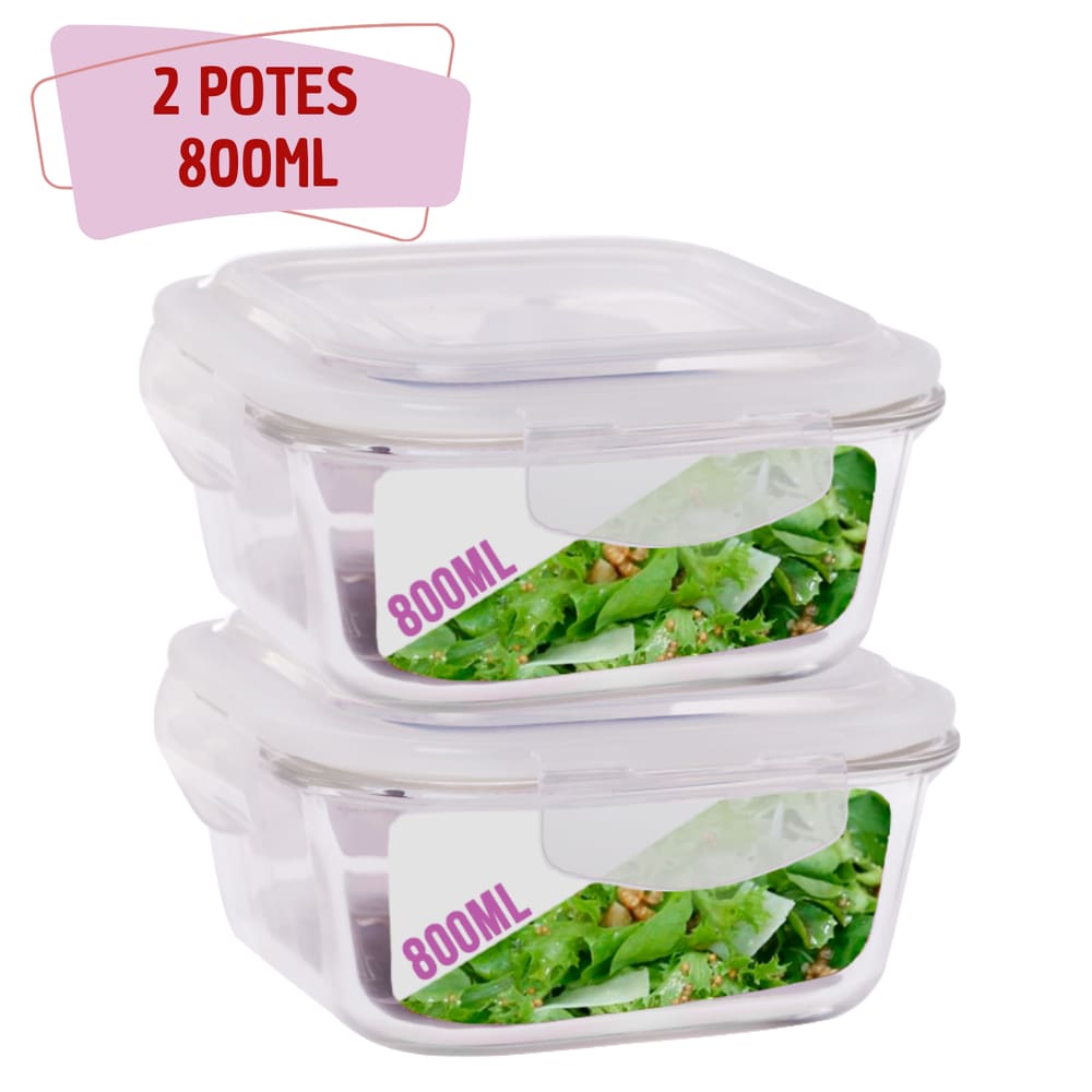 2 Potes Hermetico 800ml Quadrado Vidro Microondas Grande