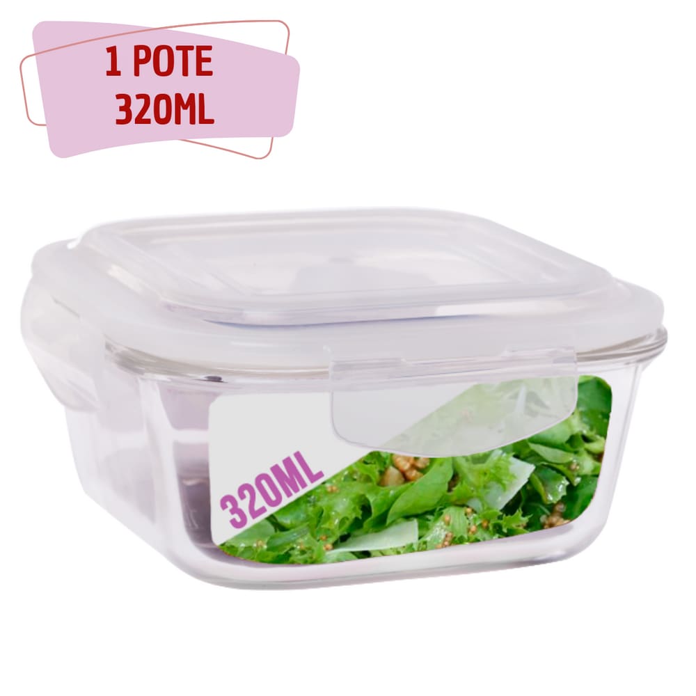Pote Com Tampa Hermetica Quadrado de Vidro 320ml Alimentos