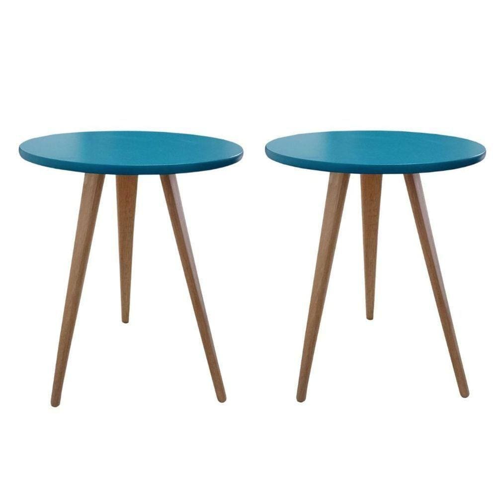 Kit 2 Mesa De Canto Lateral Redonda Karina Azul 56Cm