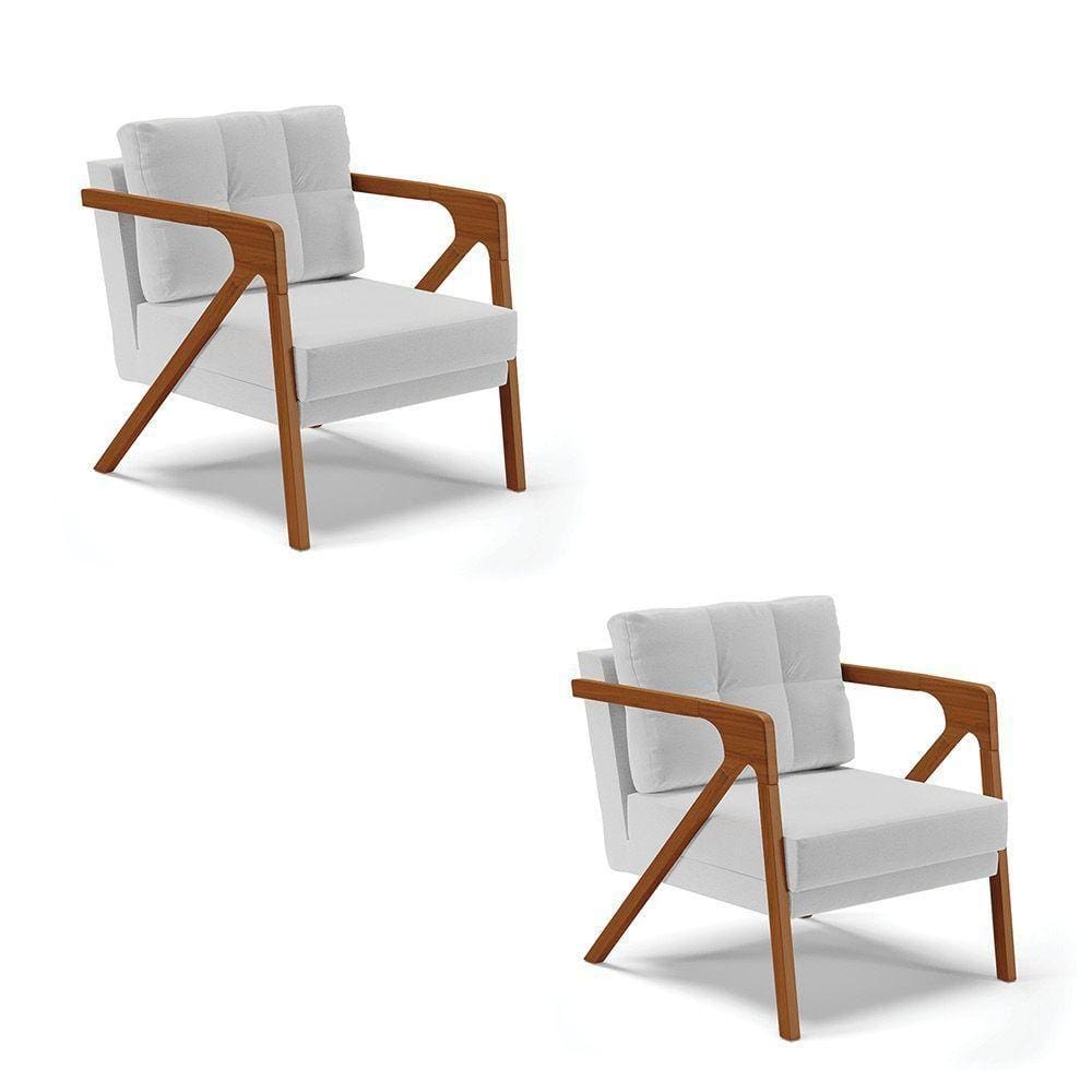 Kit 02 Poltronas Linho Base De Madeira Castanho Cinza Claro