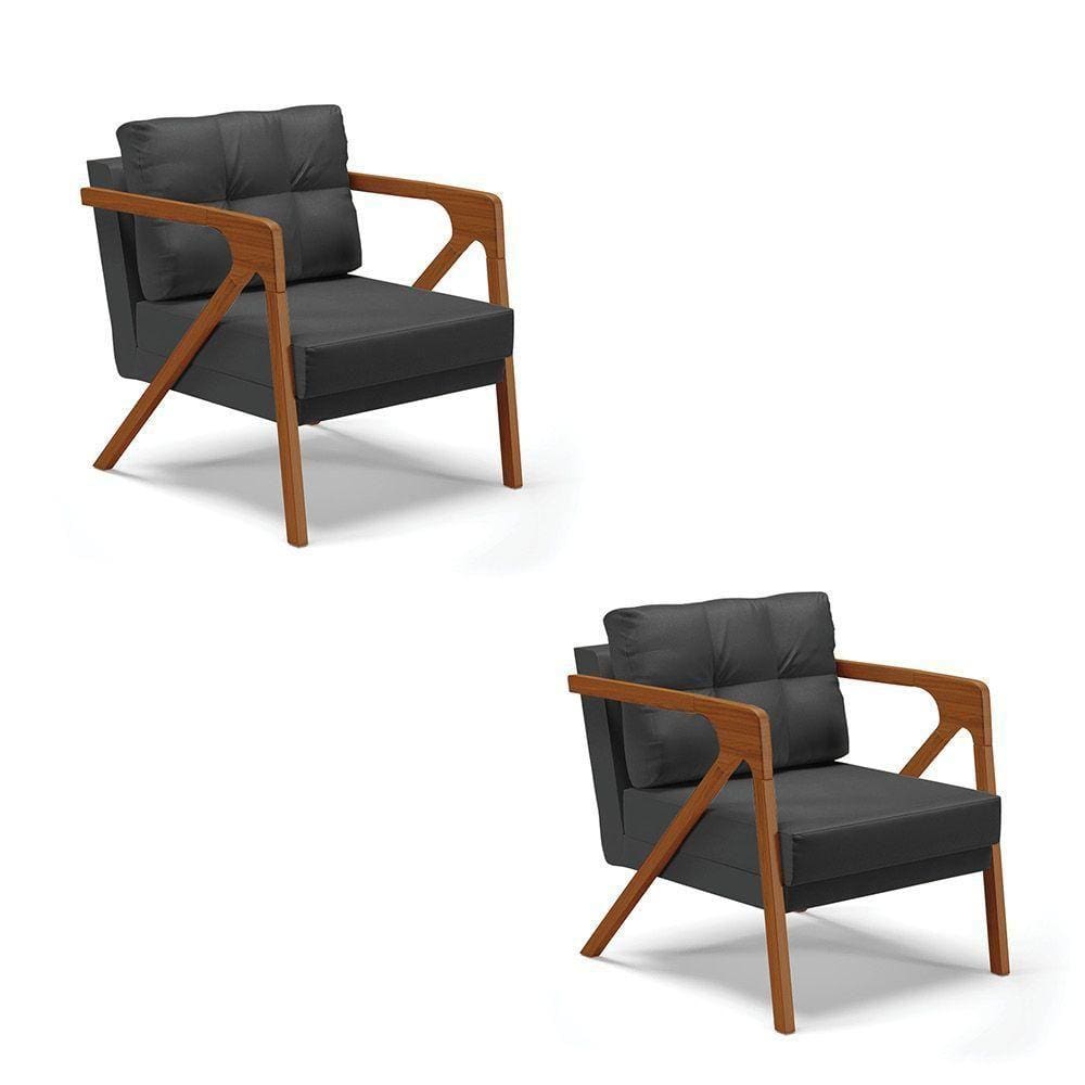 Kit 02 Poltronas Corino Preto Base De Madeira Castanho