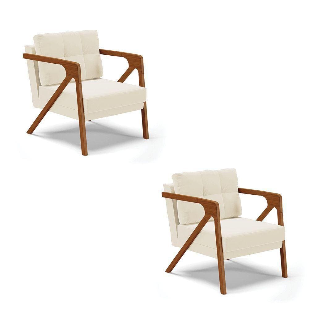 Kit 02 Poltronas Veludo Bege Base De Madeira Castanho