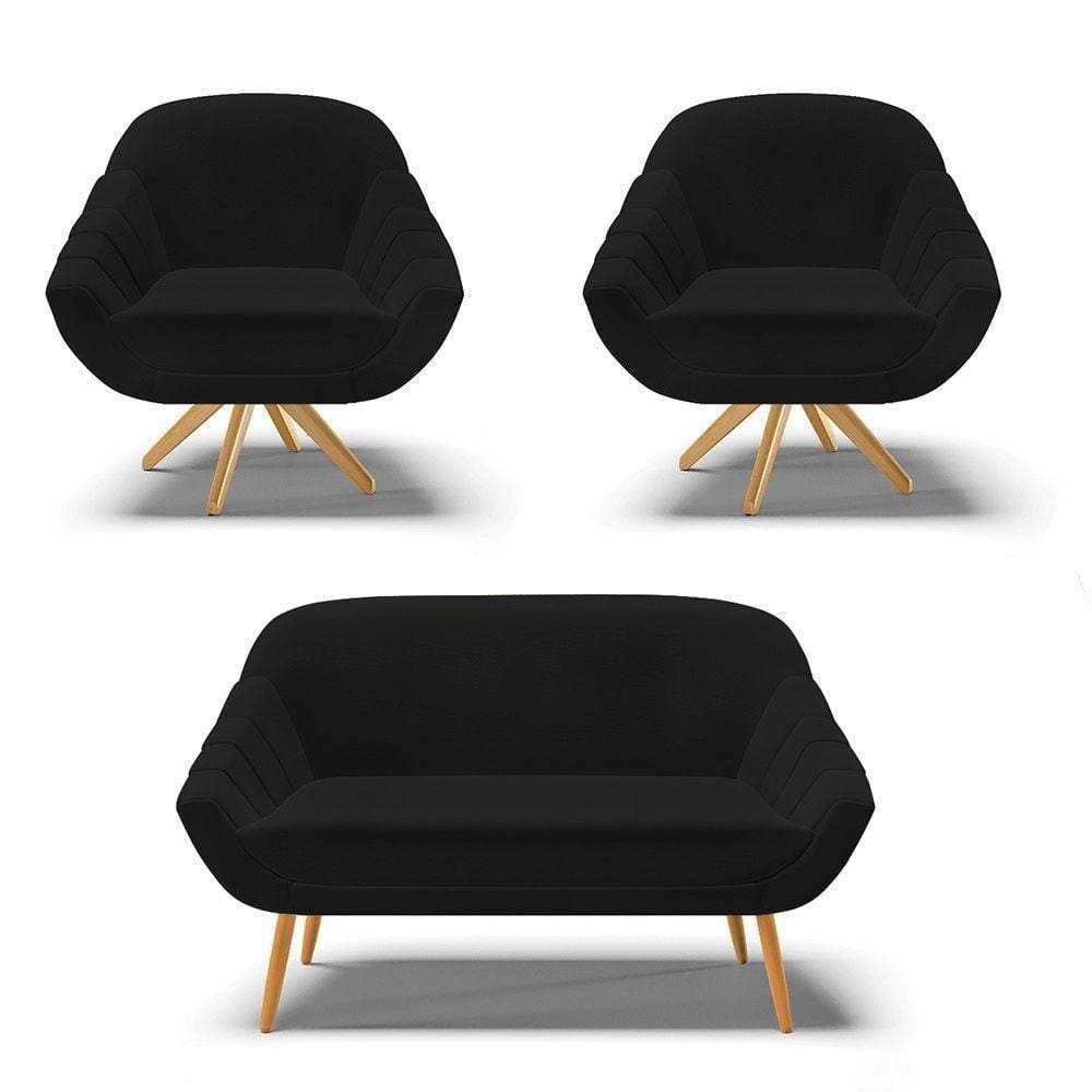 Kit 1 Namoradeira E 2 Poltronas Giratória Linho Preto A79