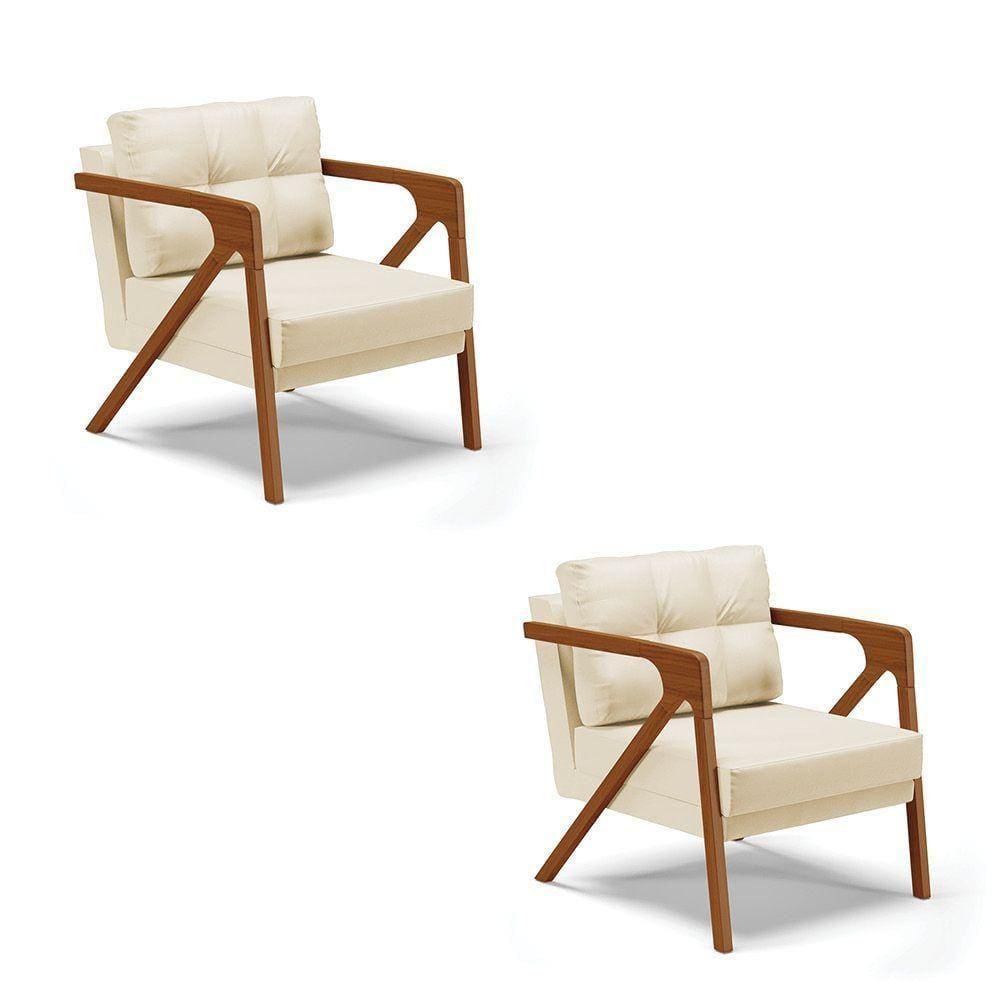 Kit 02 Poltronas Corino Base De Madeira Castanho Bege