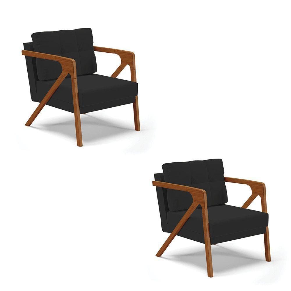 Kit 02 Poltronas Veludo Base De Madeira Castanho Preto