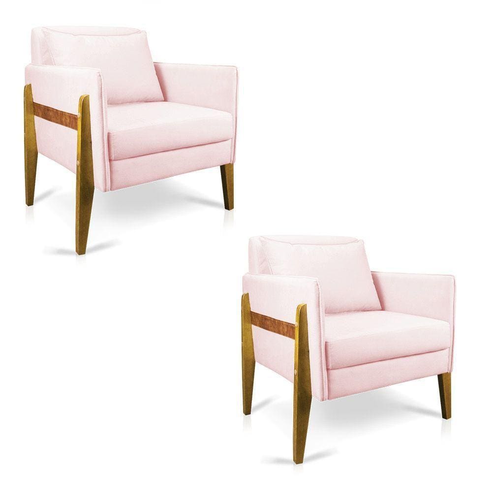Kit 02 Poltronas Lana Suede Rosa Bebê Base De Madeira