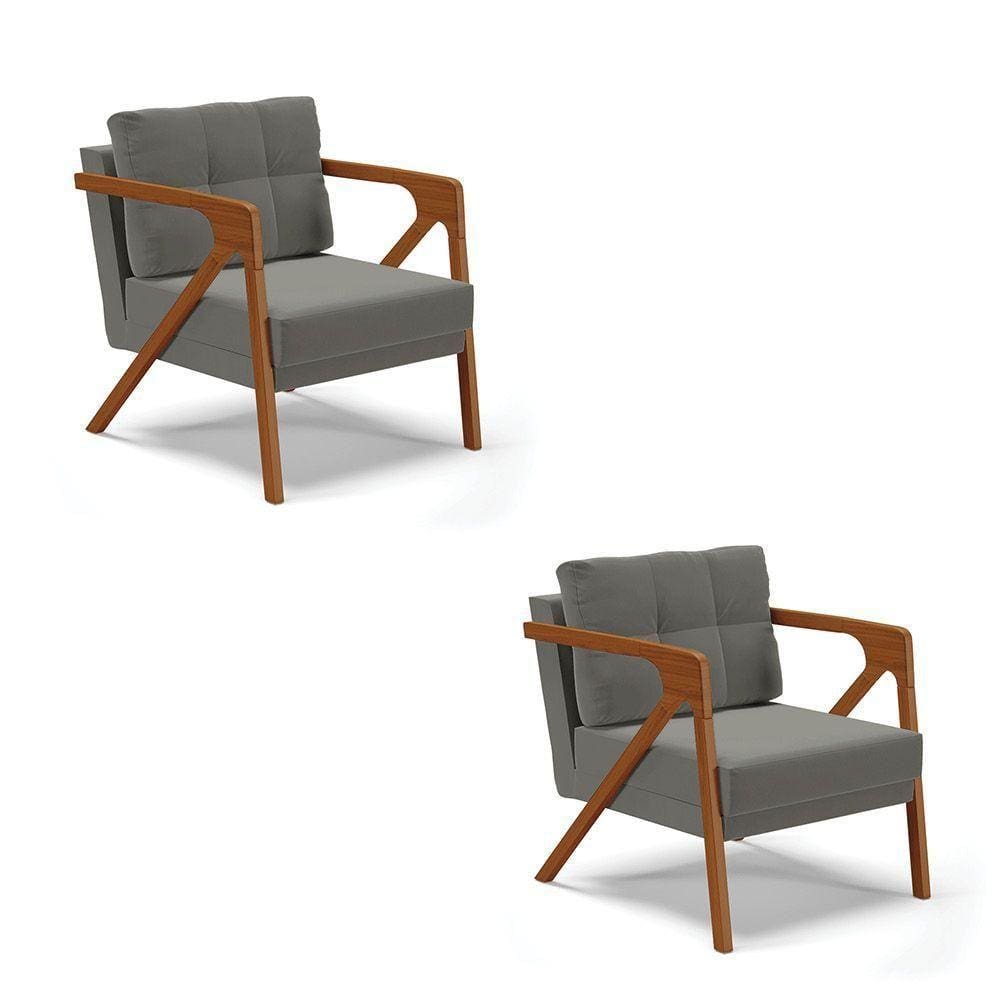 Kit 02 Poltronas Suede Base De Madeira Castanho Grafite