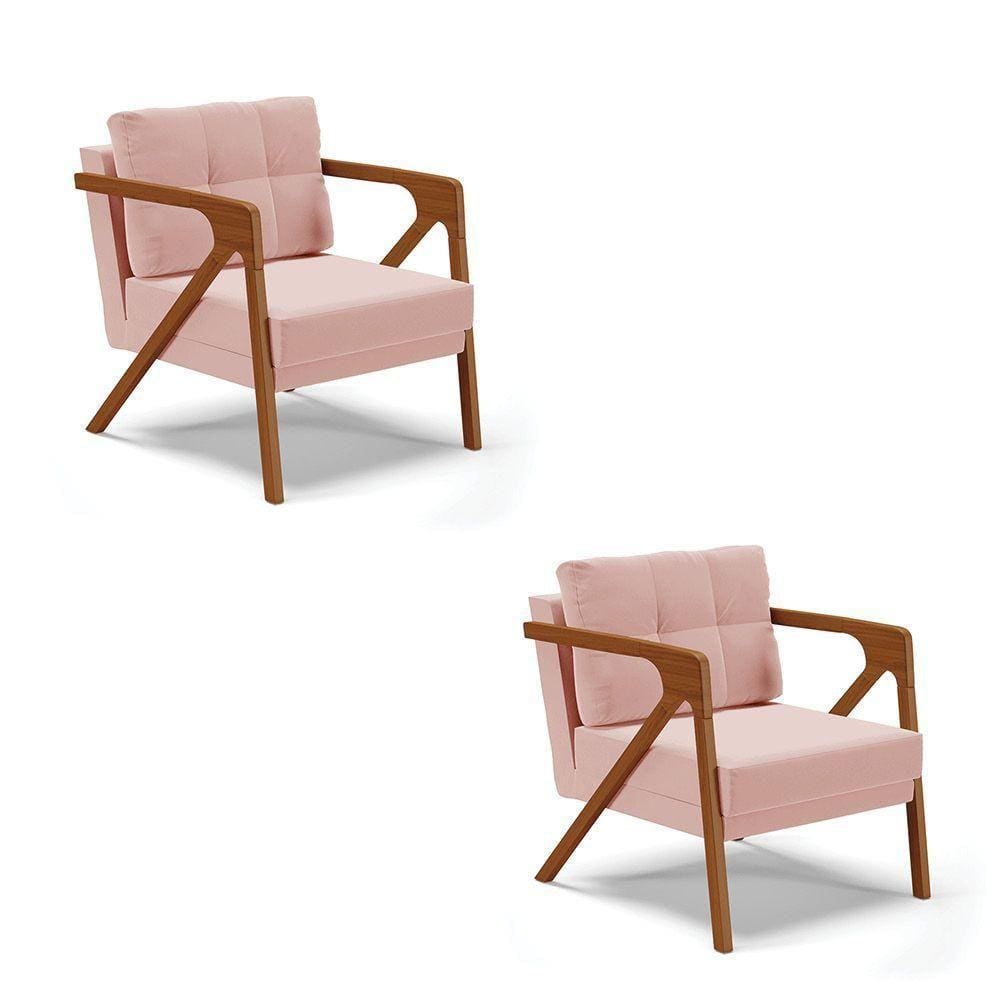 Kit 02 Poltronas Veludo Base De Madeira Castanho Rose