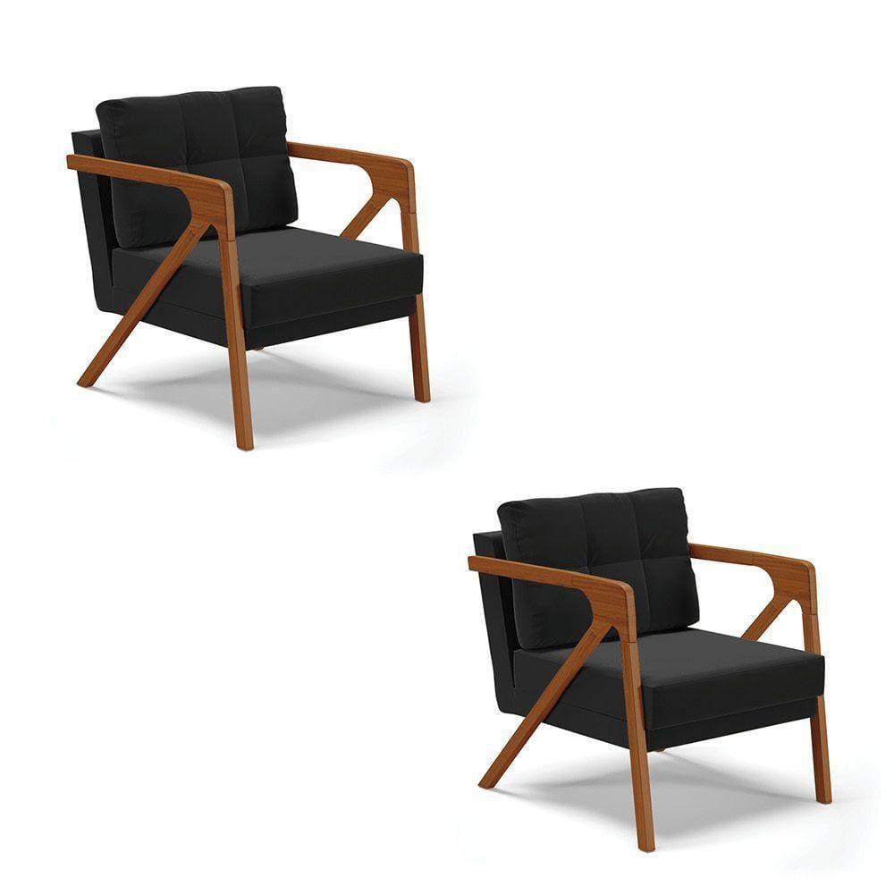Kit 02 Poltronas Suede Preto Base De Madeira Castanho