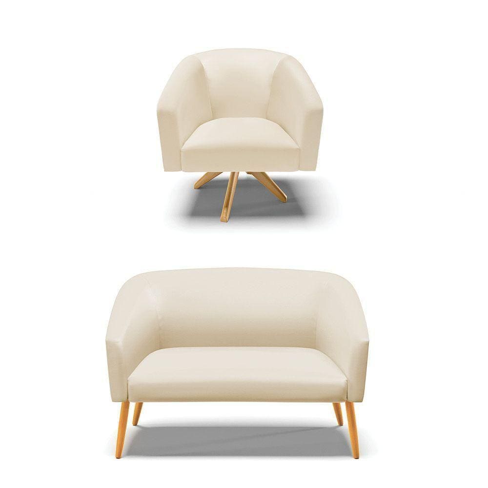 Kit 1 Namoradeira E 1 Poltrona Base Madeira Bege