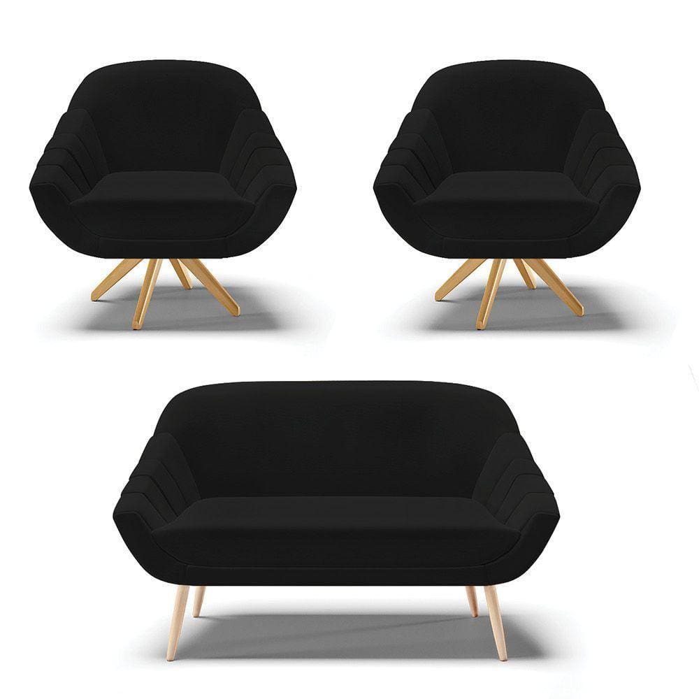 Kit 1 Namoradeira E 2 Poltronas Giratória Linho Preto A79