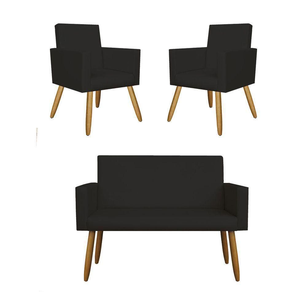 Kit Sofá Namoradeira + 2 Poltrona Decorativa Preta