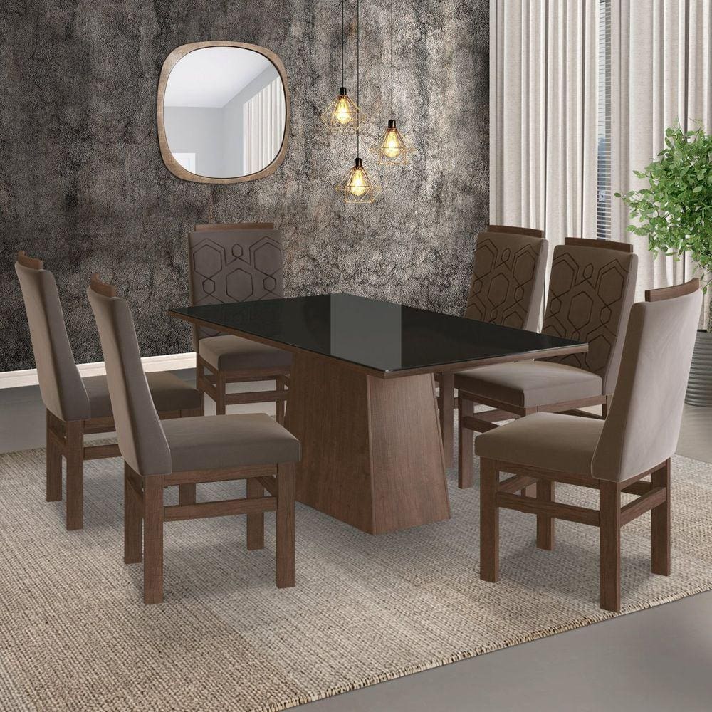 Conjunto Sala de Jantar Mesa 90x160cm Tampo Vidro com 6 Cadeiras Madeira Maciça Tecido Joli Zamarchi Marrom/Preto