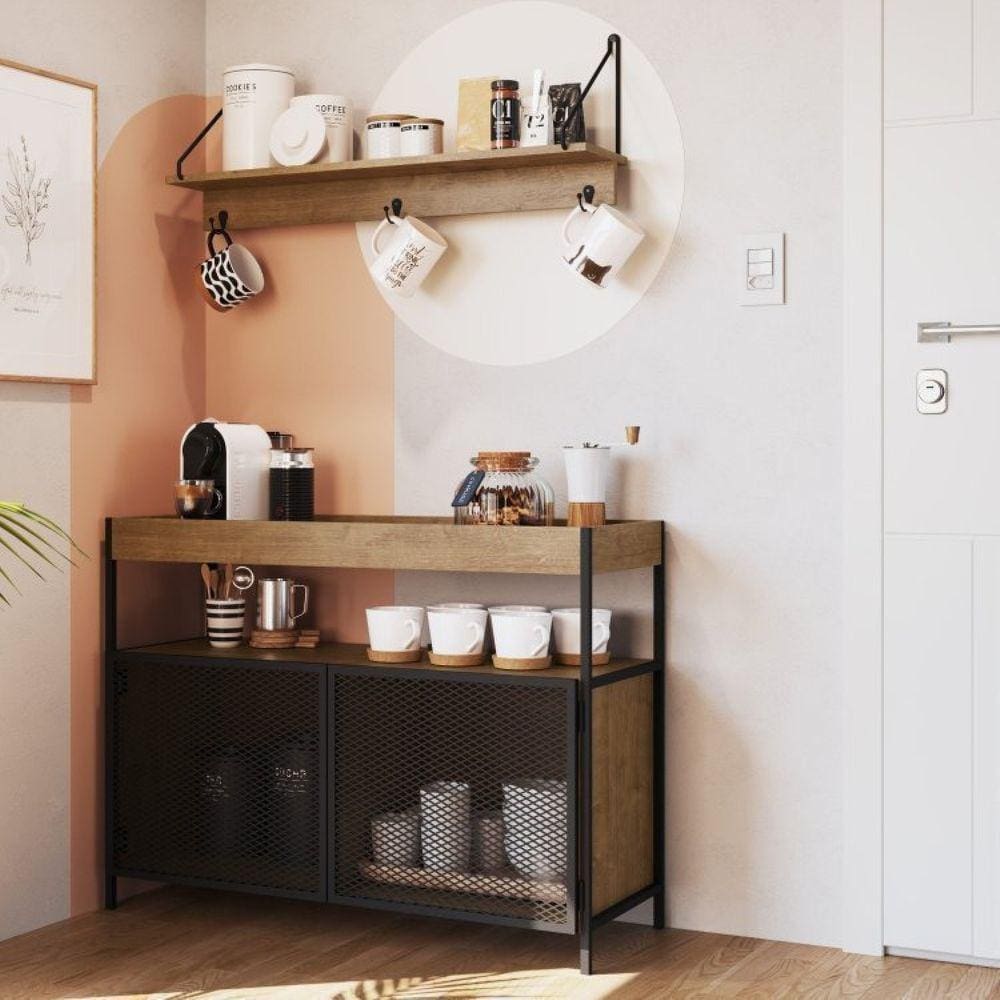 Conjunto Balcão Buffet Café Bar 100cm 2 Portas e Prateleira 90cm Aço Expandido Industrial Artesano Vermont/Preto