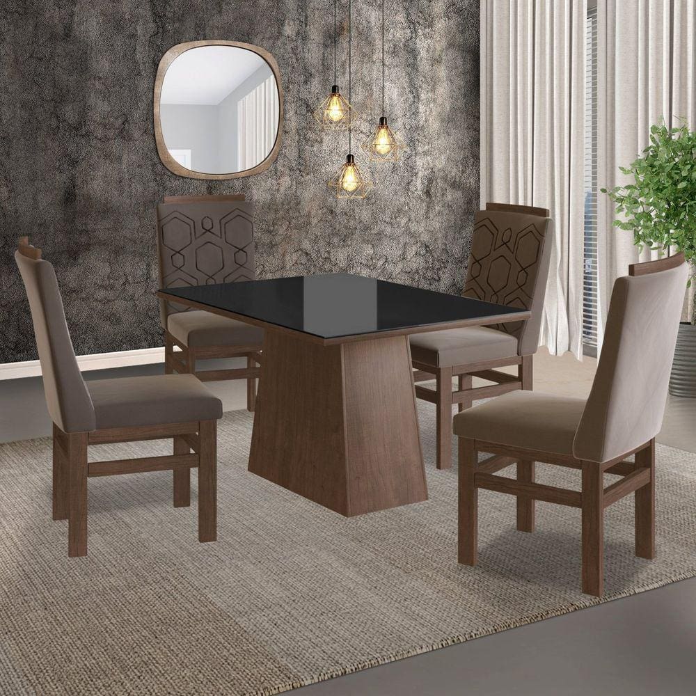 Conjunto Sala de Jantar Mesa 90x120cm Tampo Vidro com 4 Cadeiras Madeira Maciça Tecido Joli Zamarchi Marrom/Preto