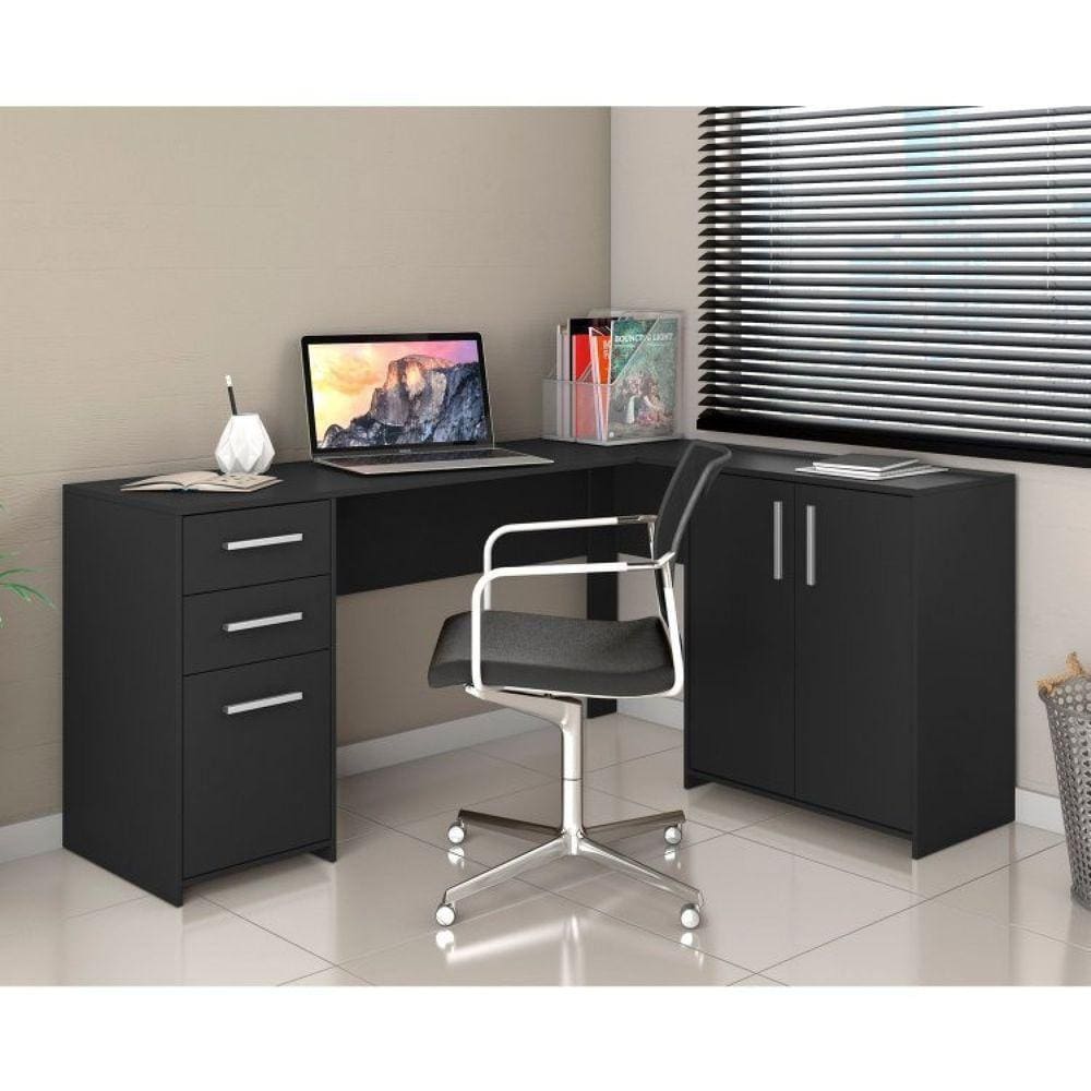 Conjunto Home Office 3 Peças 1 Mesa em L 2 Gavetas 3 Portas 2 Armários Espresso Móveis Preto Tx
