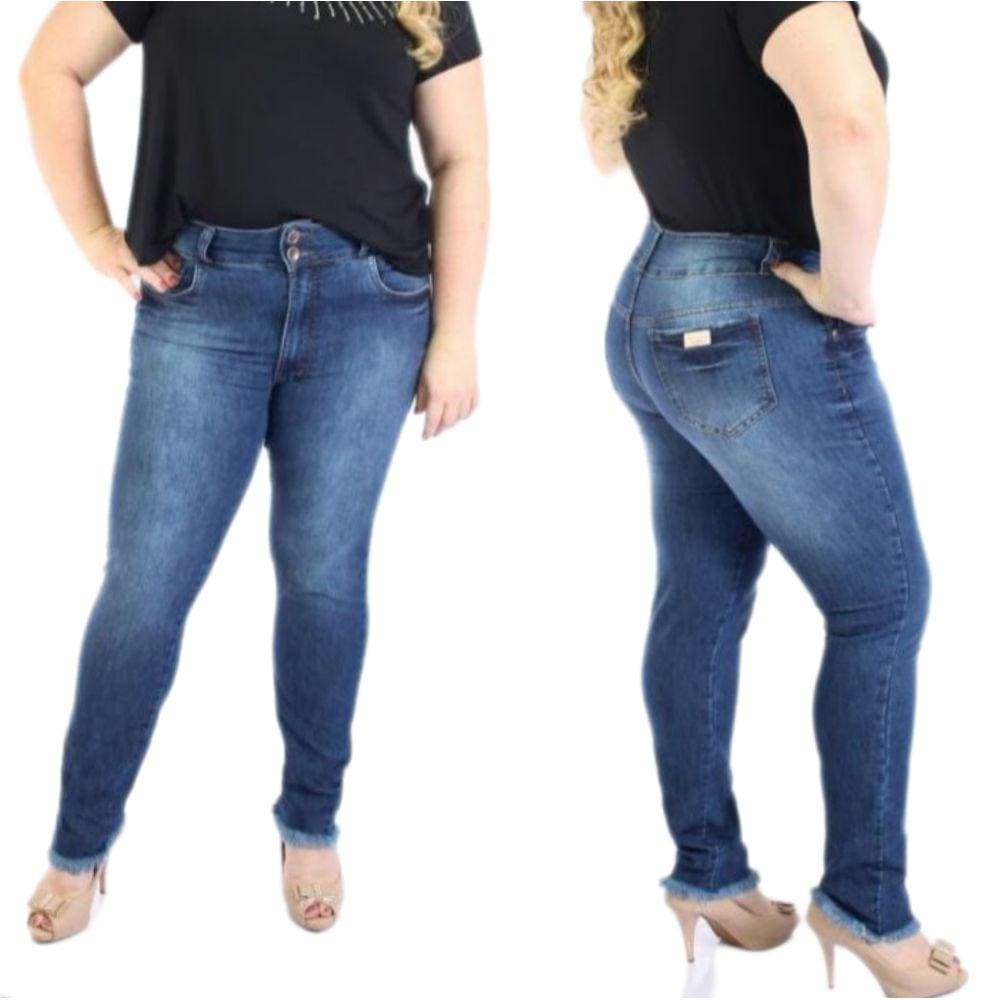 Calça Fem Plus Size Básica Cós Largo Com Barra Desfiada