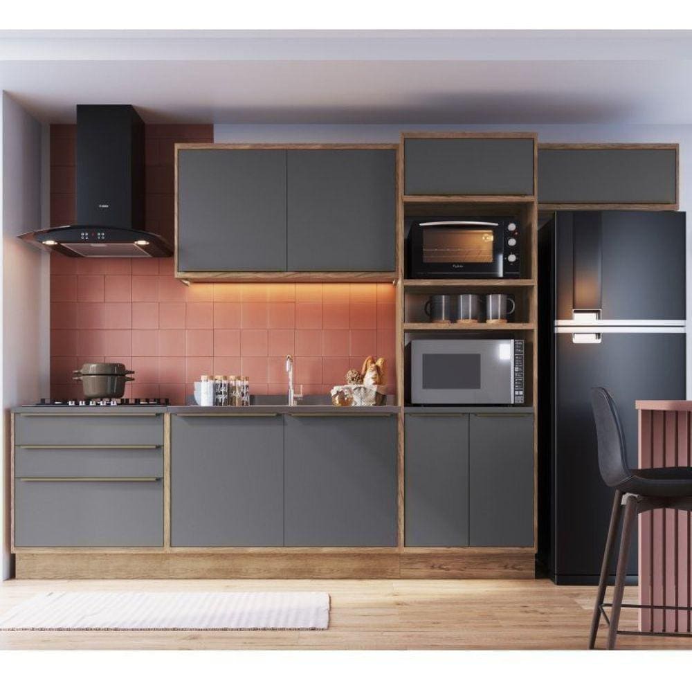Cozinha Modulada Viena 5 Peças 2 Balcão de Cozinha 2 Armários Aéreos 1 Torre Quente Edez Louro Freijó/Cinza Grafitto
