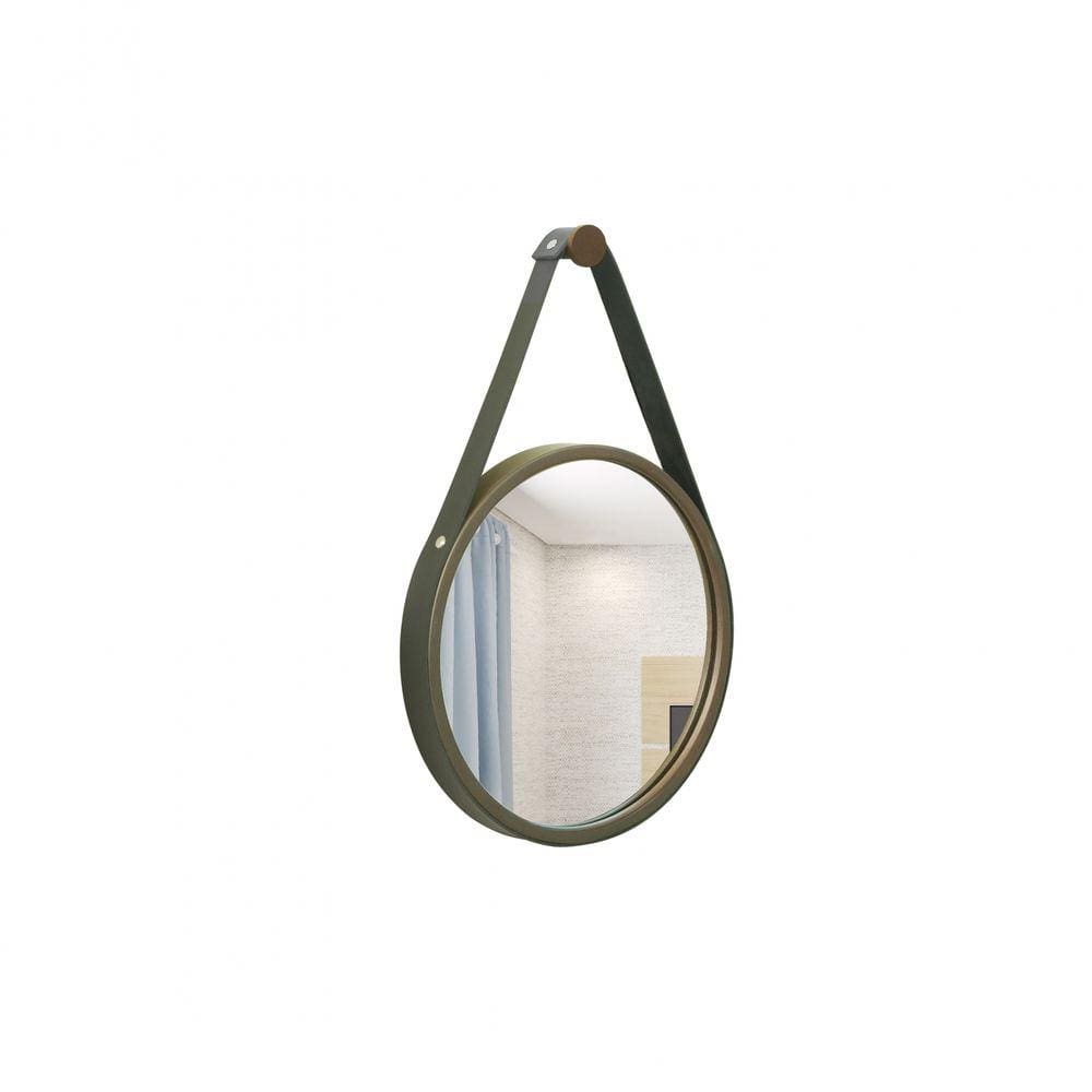 Espelho Decorativo Adnet Marrom Alça Corino Preto 20cm Redondo