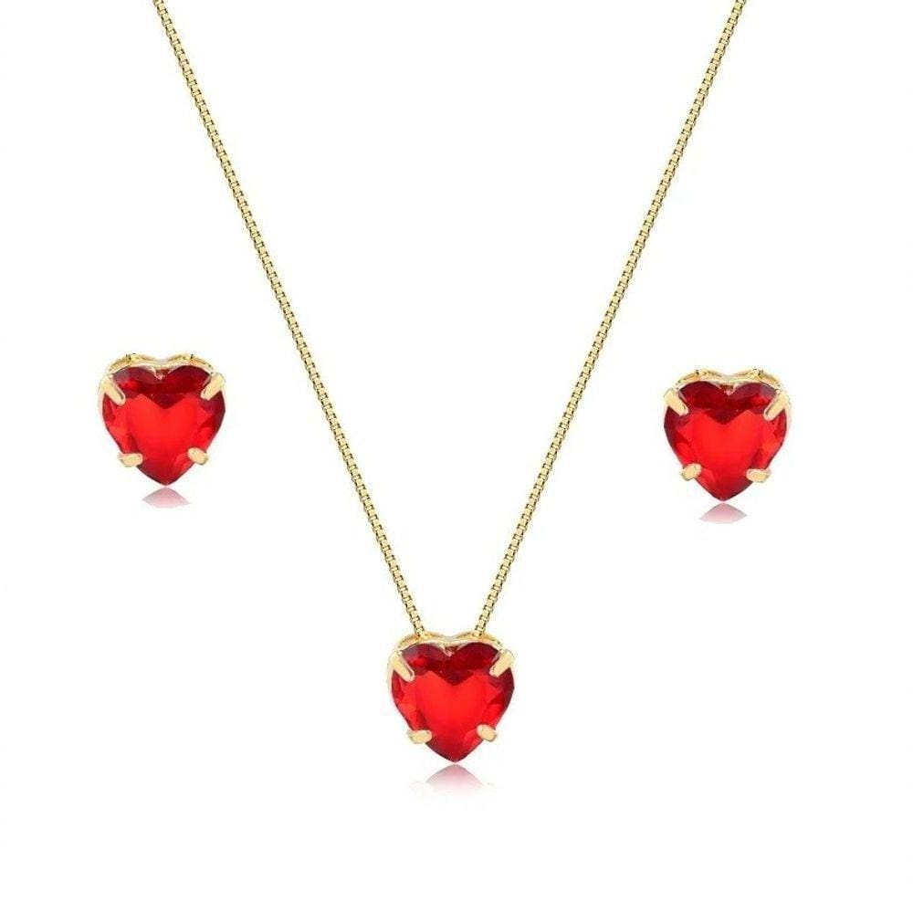 Conjunto Coração Vermelho Banhado A Ouro