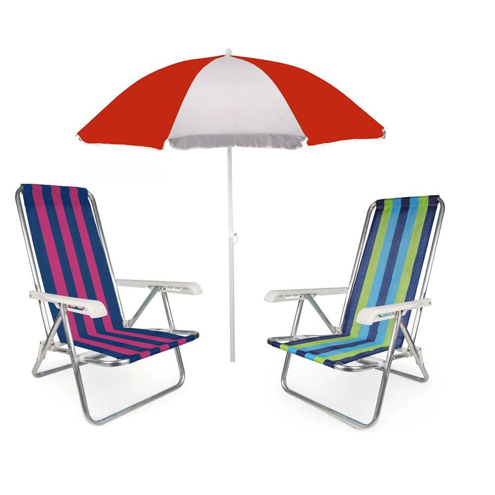 Kit Praia 2 Cadeira Reclinável 4 Posições Alumínio + Guarda Sol 1,80 m - Mor