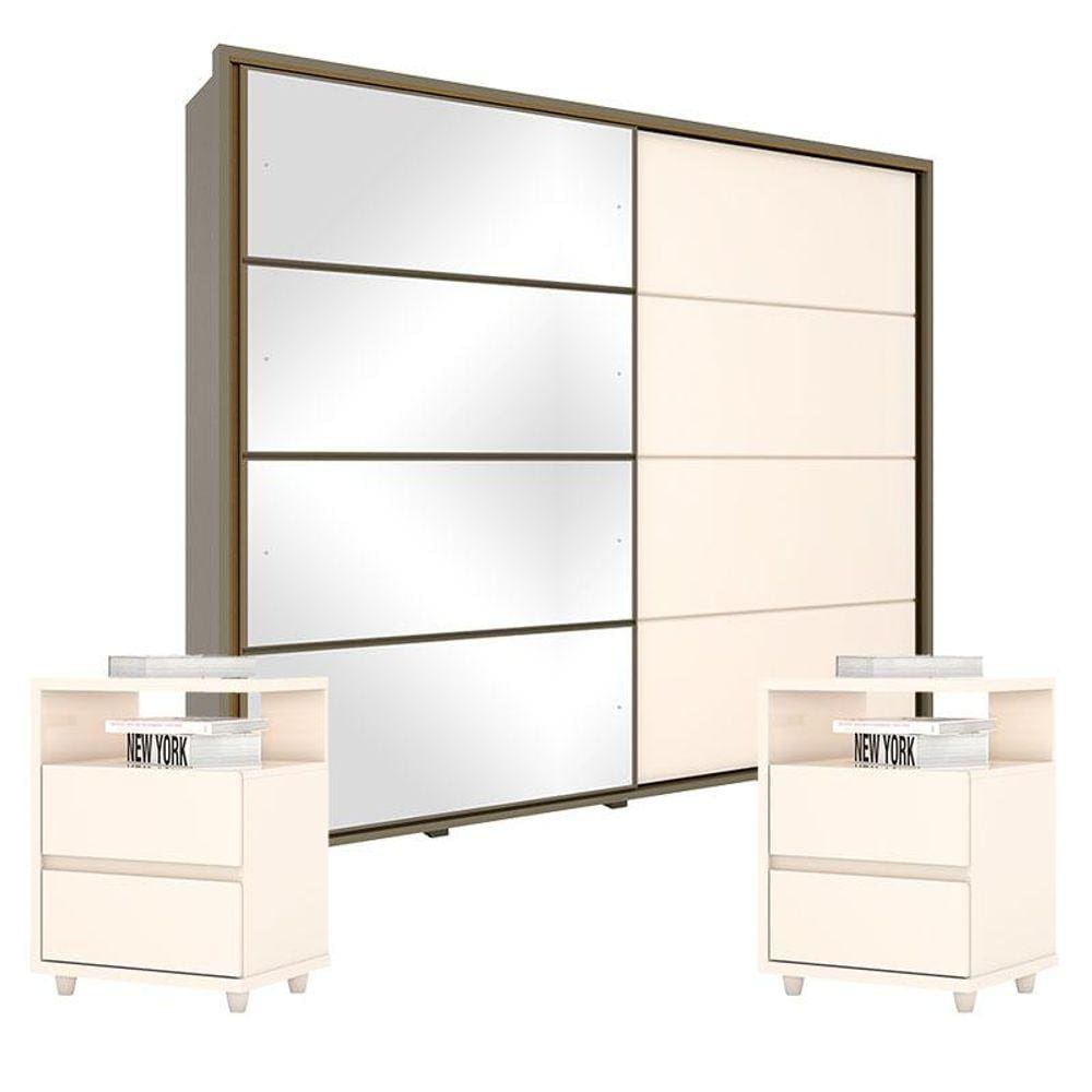 Guarda Roupa Casal Cavic com Kit Mesa de Cabeceira Duna Off White - Henn