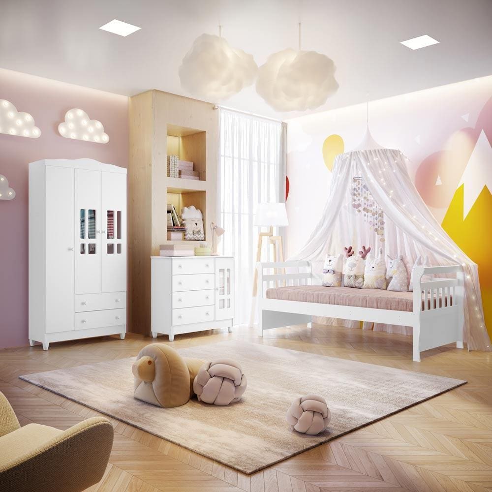 Quarto de Bebê Guarda Roupa 3 Portas Cômoda com Fraldário Ariel Cama da Babá Júlia Branco Carolina Baby