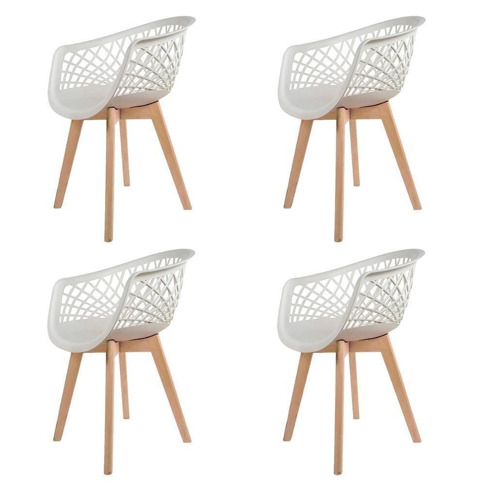 4 Cadeiras Com Encosto Base Madeira Wood Branca
