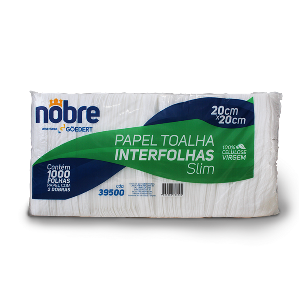 Papel toalha interfolha c/1000fls 20x20cm 2D (celulose virgem) Slim - Nobre