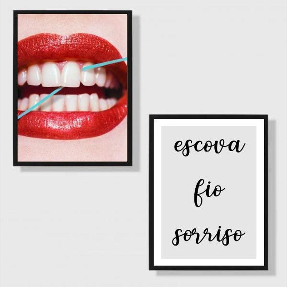 Kit 2 Quadros Para Dentista Escova Fio Sorriso 33X24 Branca