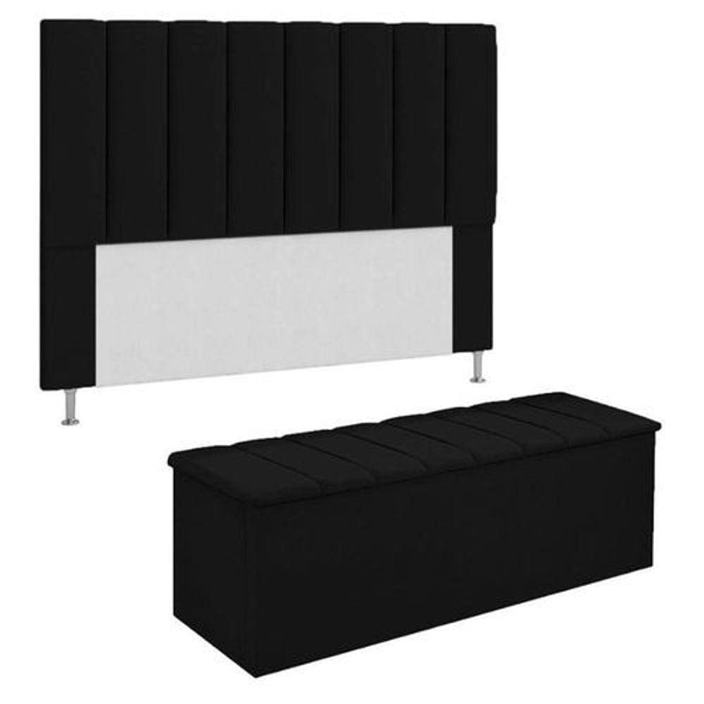 Kit Cabeceira + Calçadeira Baú Solteiro 90cm Suede Preto