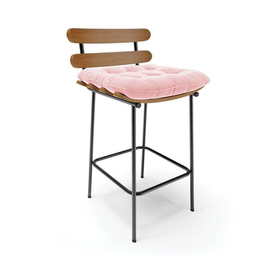 Banqueta Costela Suede Base Metálica Preto Cor Rosa Bebê