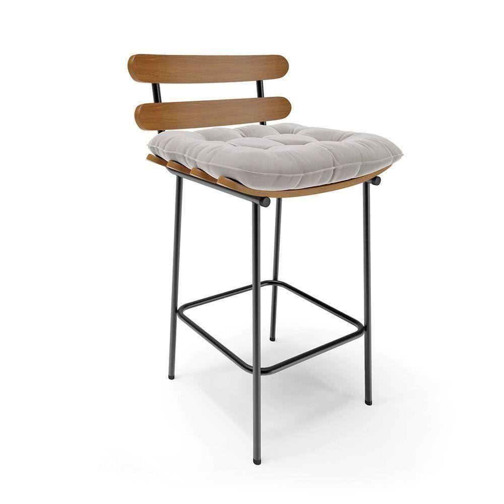 Banqueta Costela Veludo Base Metálica Preto Cor Cinza