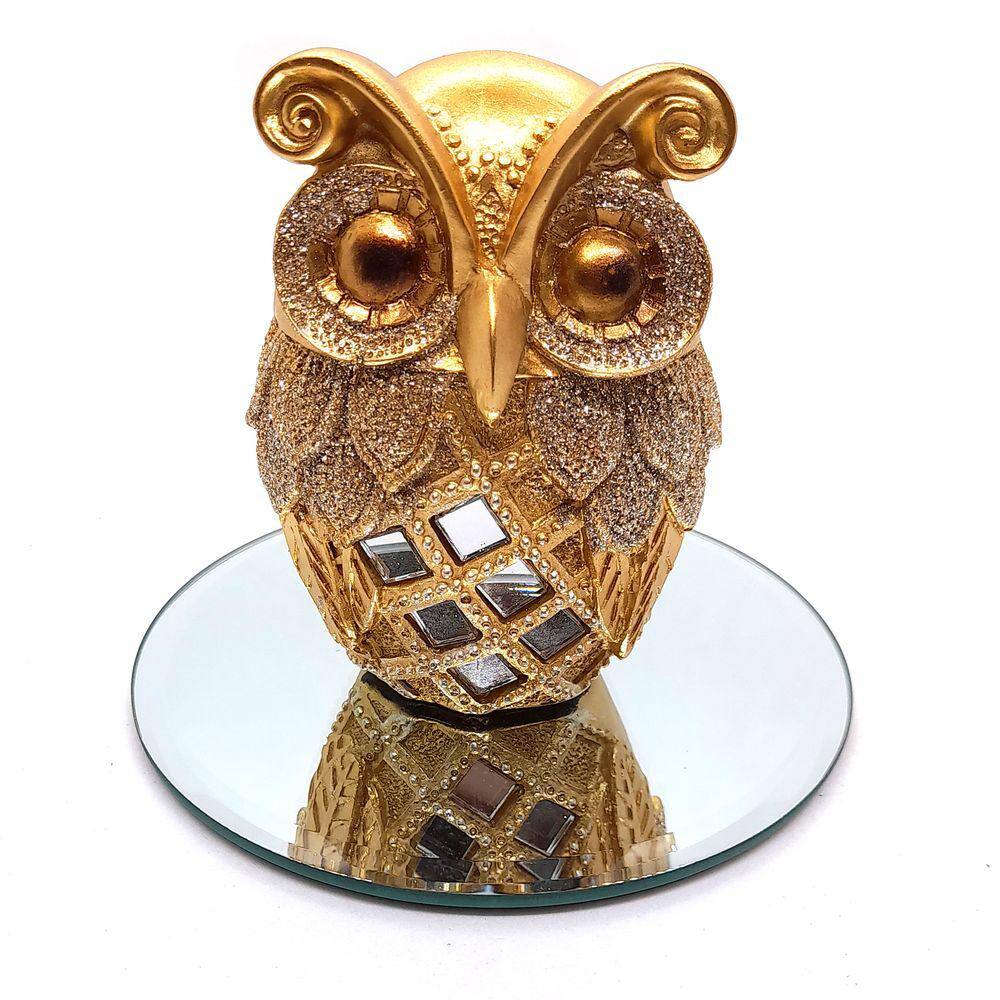 Kit Estátua Coruja da Sabedoria Bandeja Espelhada Decoração