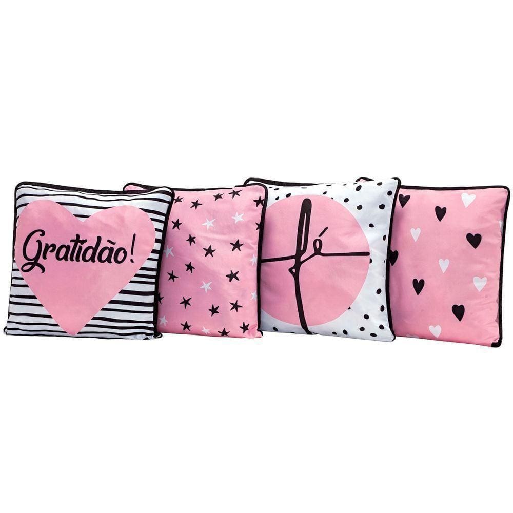 4 Almofadas Cheias Gratidão E Fé Rosa 45cm X 45cm Com Refil