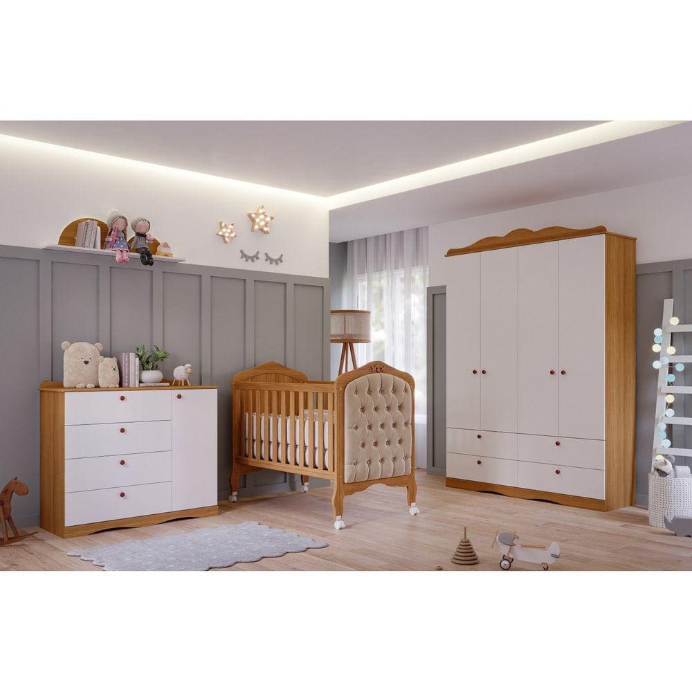 Quarto de Bebê 3 Peças com Berço Capitonê Cômoda 4 Gavetas e Guarda Roupa 4 Portas 4 Gavetas Aquarela Espresso Móveis Marrom/Branco