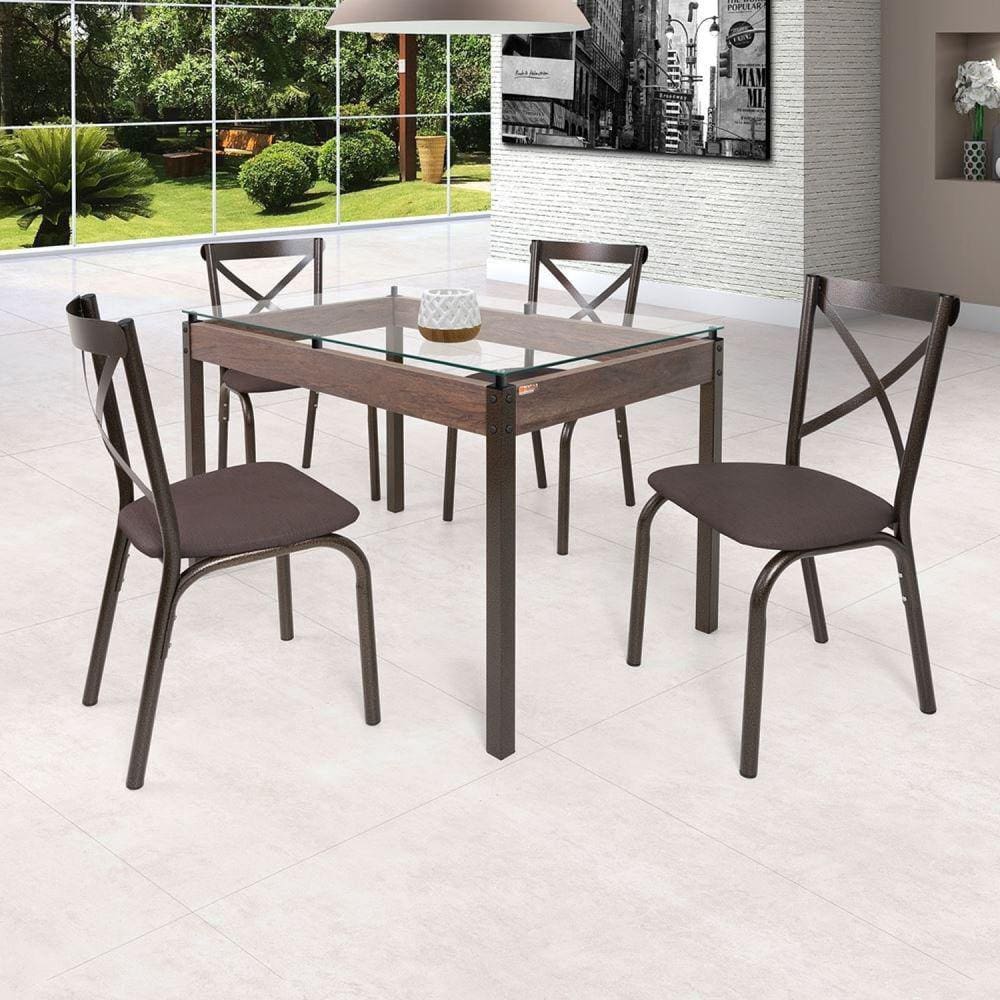 Conjunto Mesa 120cm Tampo em Vidro com 4 Cadeiras Karina Ciplafe Bronze/Linho Marrom