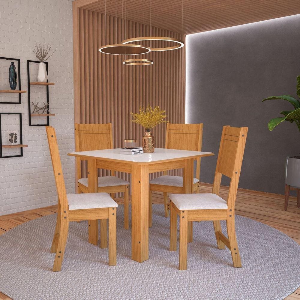 Conjunto de Cozinha Mesa 4 Cadeiras Atenas Indekes Freijo Assento Linho