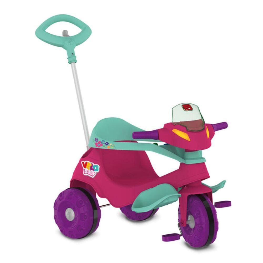 Triciclo Infantil de Empurrar Bandeirante Velobaby Passeio e Pedal Rosa