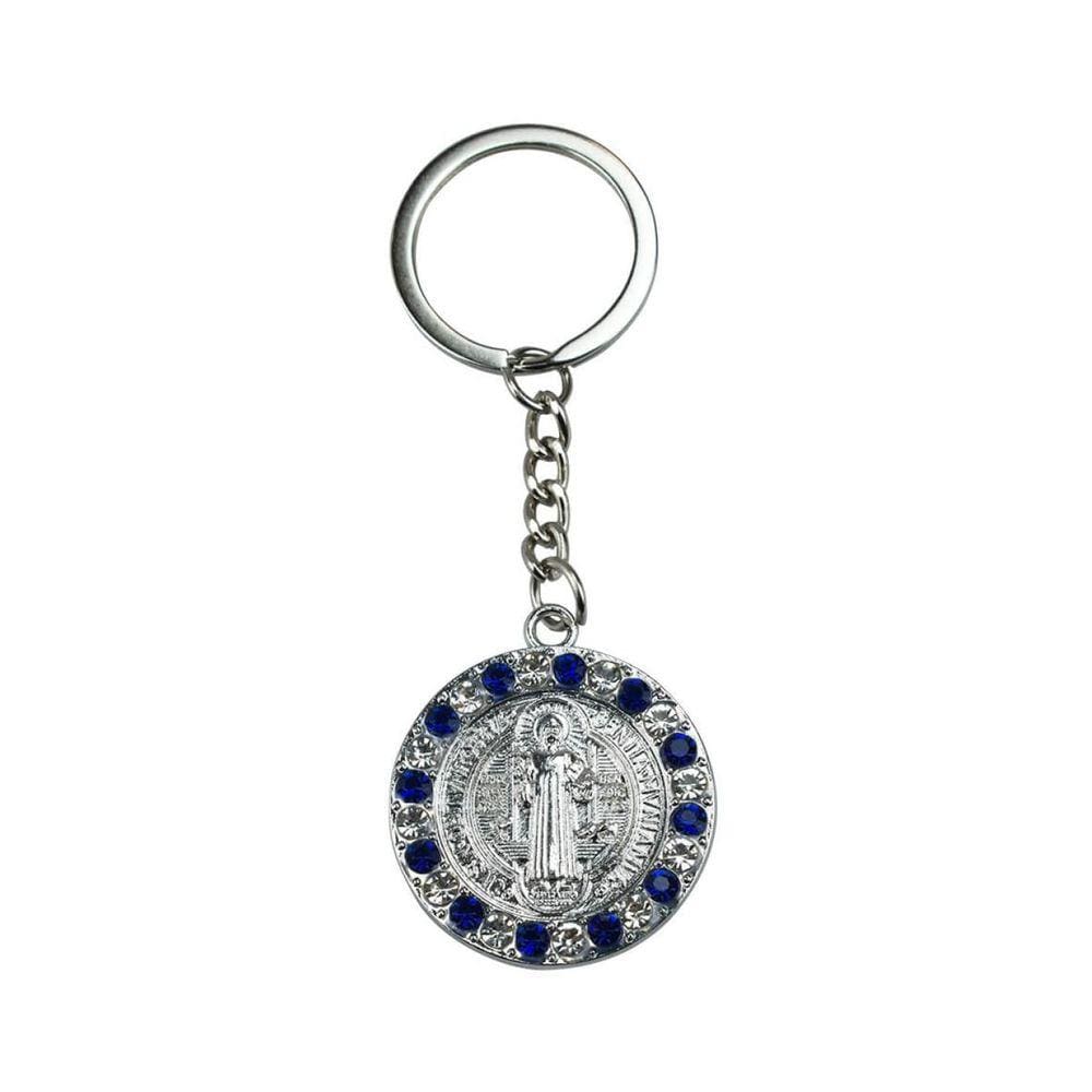 Chaveiro Medalhão São Bento Prateado E Dourado Pedras Azuis