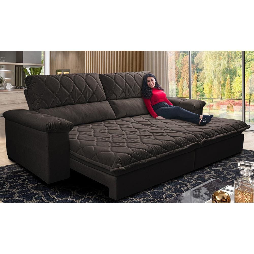 Sofá Retrátil e Reclinável 2,55m Molas Ensacadas Cama inBox Big Home Bordado 3D Linho Marrom