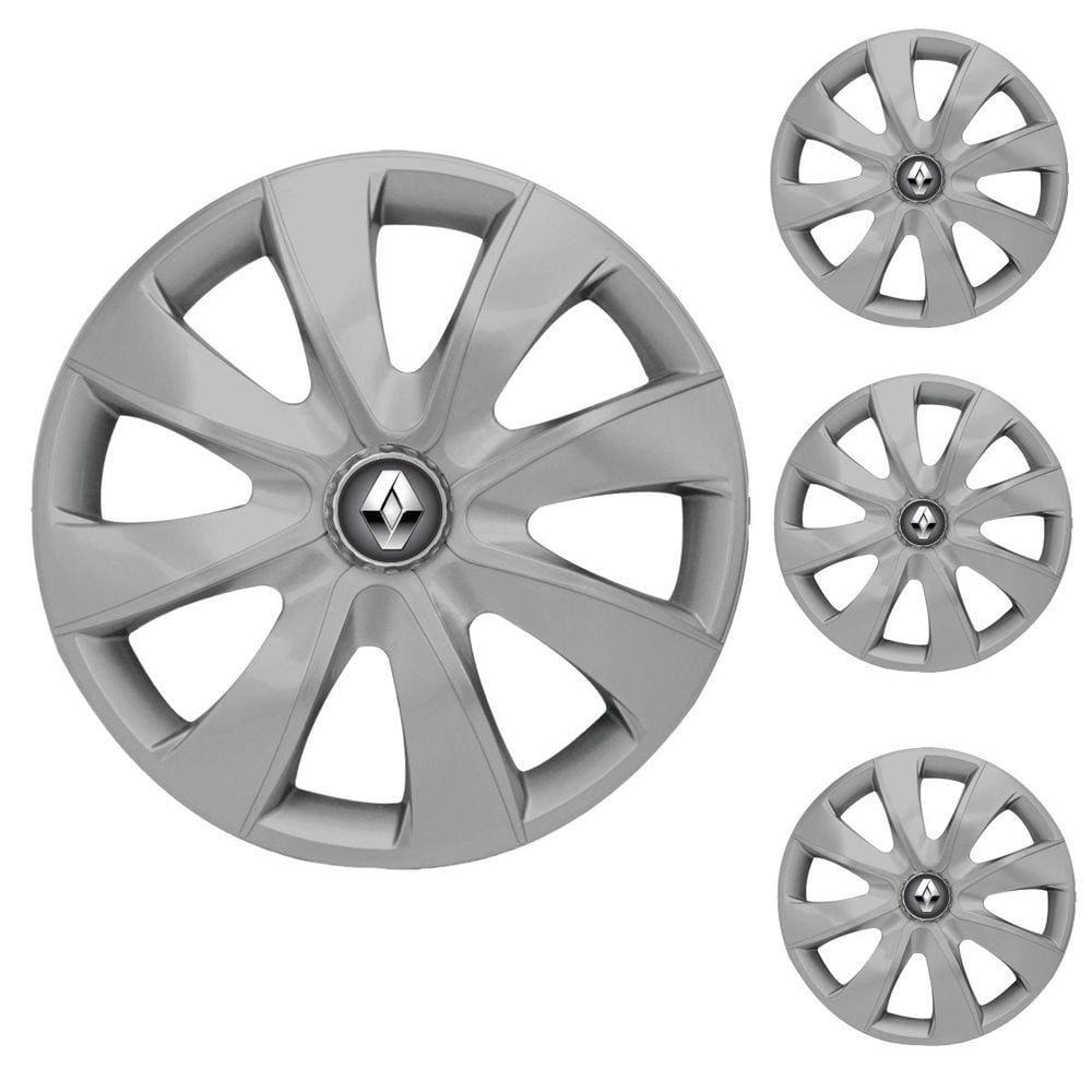 Jogo Calota Aro 13 Prime Silver Elitte Prata + Emblema Resinado Renault (Sandero Logan Clio Scenic Megane Kwid)
