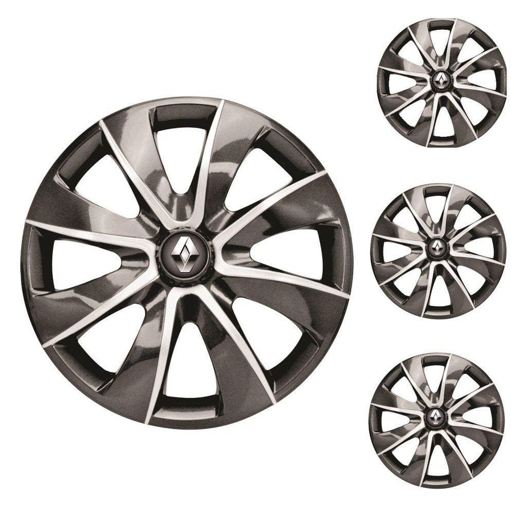 Jogo Calota Aro 13 Prime Graphite Silver Elitte Grafite Prata + Emblema Resinado Renault (Sandero Logan Clio Scenic Megane Kwid)